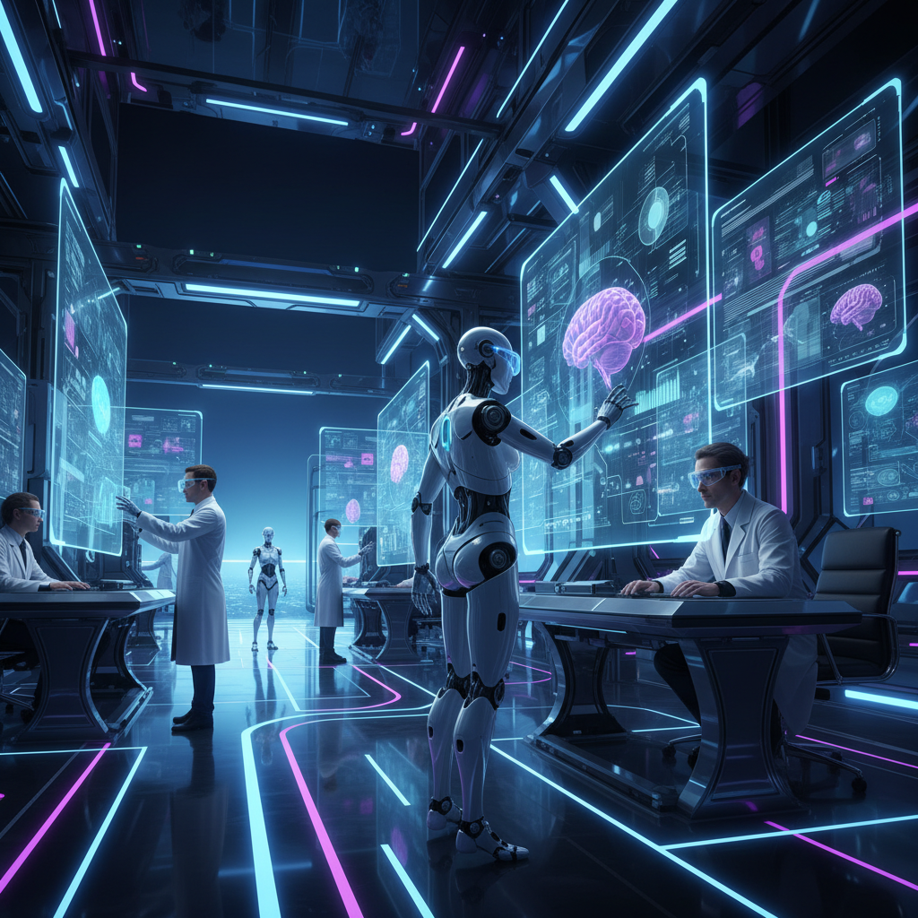 Futuristic AI laboratory with advanced holographic displays and robotic systems, scientists working with cutting-edge technology, immersive digital environment, neon blue and purple lighting, high-tech atmosphere, sleek modern architecture, dynamic perspective showing innovation, gradient dark blue background, no text