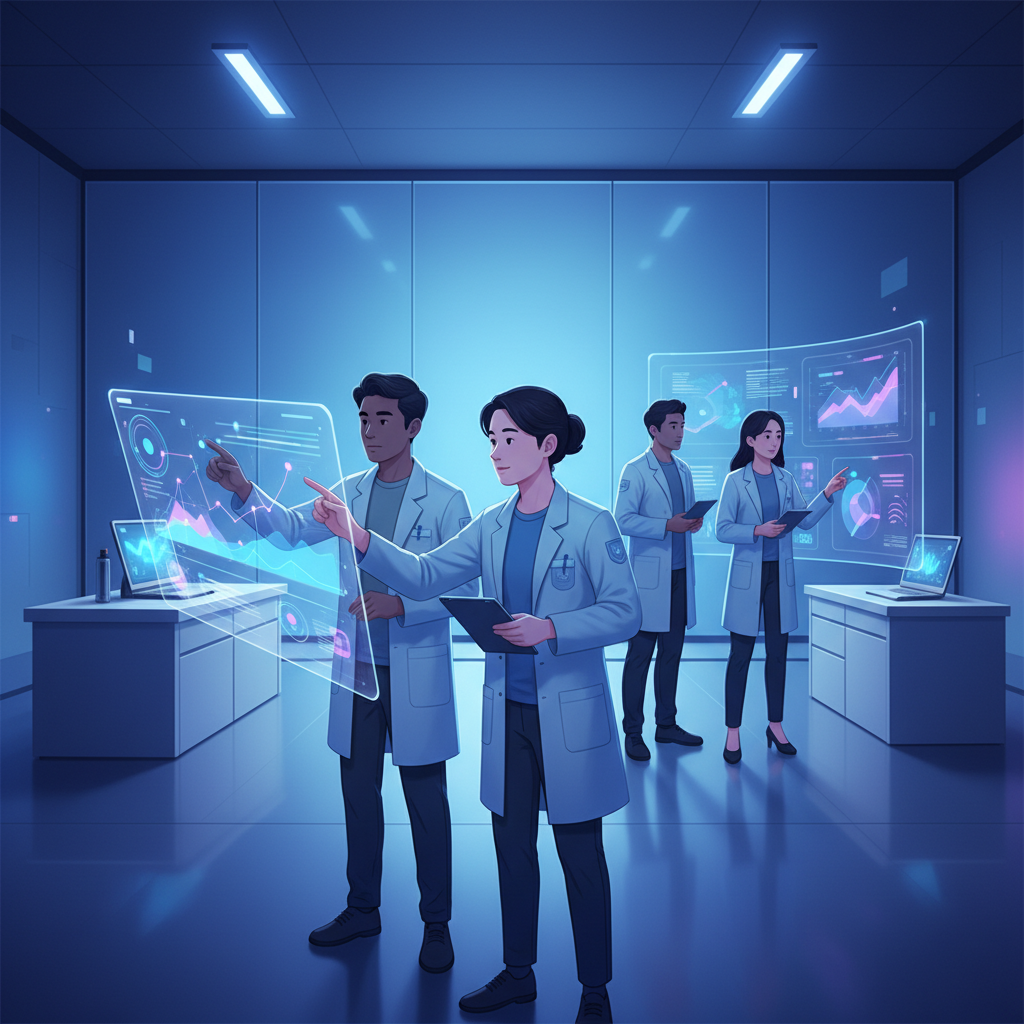 A diverse group of Korean researchers in a high-tech lab, collaboratively developing AI solutions. One researcher is actively engaging with user feedback data displayed on a translucent screen, while another is making adjustments to a holographic interface. The setting is sleek and futuristic with blue and purple ambient lighting. Style: clean infographic, modern layout, high contrast. No visible text. Gradient background, centered focus.