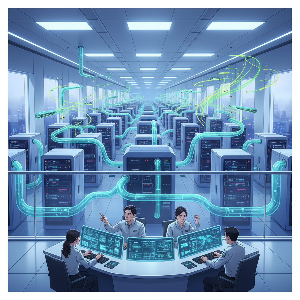 clean infographic, modern layout, high contrast. A futuristic data center stretching into the distance, with glowing server racks and advanced cooling systems. Abstract data streams flowing around it, symbolizing innovation and expansion. A diverse group of people with Korean appearance are collaboratively working in a bright, modern control room. Bright, balanced lighting. No visible text in image. No Korean characters.