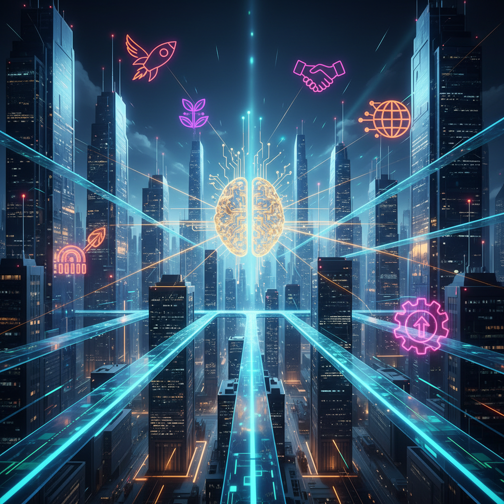 An imaginative illustration of a futuristic cityscape with glowing digital pathways representing new business opportunities. A stylized AI brain or core is at the center, radiating lines towards various successful startup logos. The colors are bright and dynamic, with a sense of forward momentum. Bright, balanced lighting, no text.