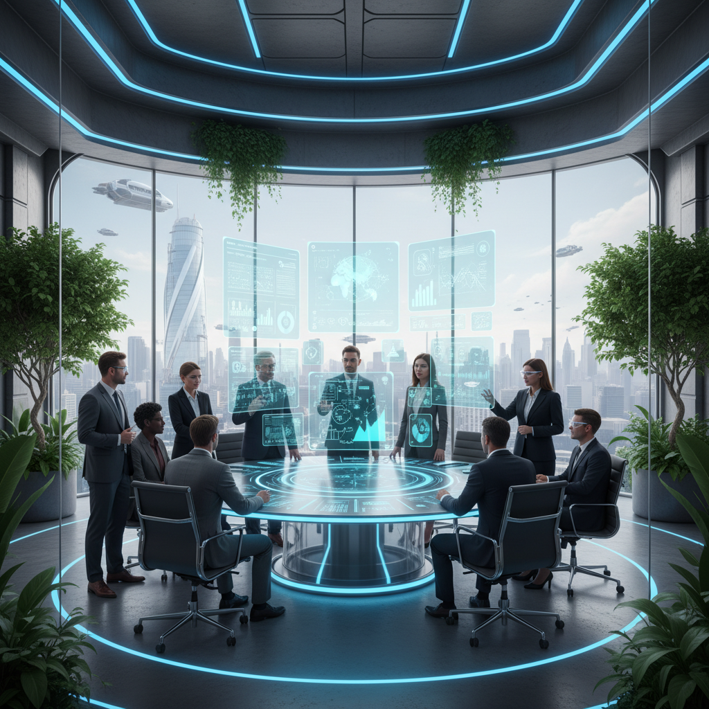 Futuristic business meeting room with holographic data projections, diverse team of professionals collaborating around interactive display, advanced technology integrated naturally into modern workspace, bright ambient lighting with blue accent lights, glass and steel architecture with green plants, optimistic and innovative atmosphere, no text