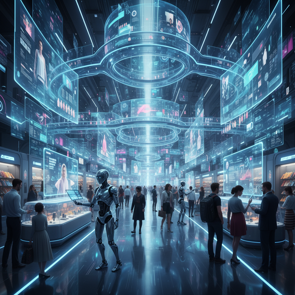 A futuristic shopping scene with AI assistants helping customers in a digital marketplace. Modern technology interface with holographic displays, seamless user experience, and advanced e-commerce environment. No text.