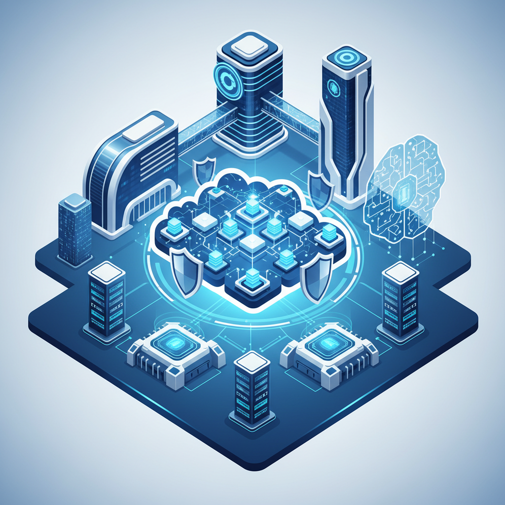 Futuristic, clean infographic showing a secure and advanced cloud data center with government buildings in the background, symbolizing robust AI infrastructure. High contrast, modern design, gradient blue and white background. No visible text.