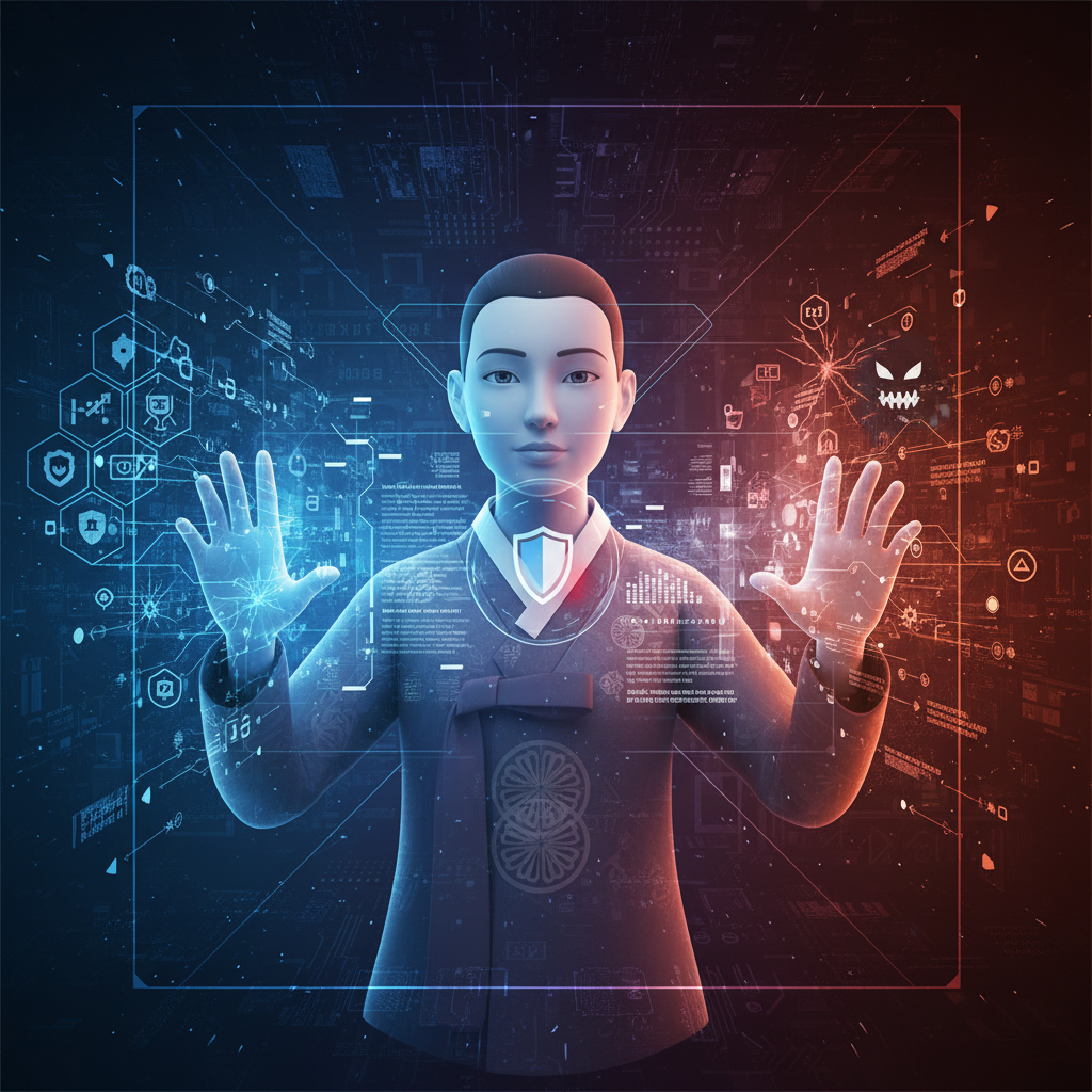 Clean infographic showing a futuristic AI agent interacting with a digital interface, representing advanced capabilities and potential cybersecurity threats. Modern layout, high contrast, balanced lighting, textured background. No visible text, Korean appearance for any human elements, natural expression. Centered focus, visually rich, no empty margins.
