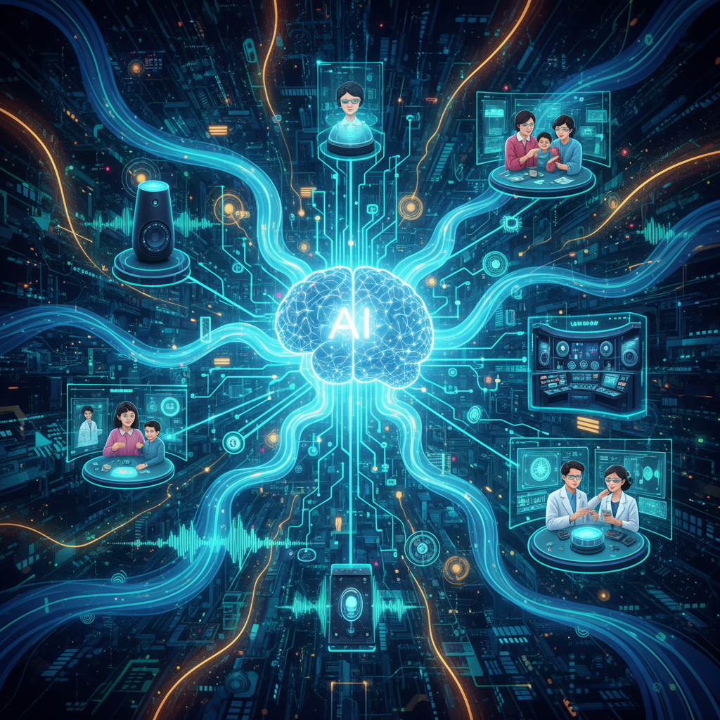 A futuristic illustration depicting the growth and innovation in the AI audio industry. Shows a network of sound waves and digital interfaces connecting diverse applications like smart speakers, virtual assistants, and advanced audio production studios. The overall aesthetic should be bright and forward-looking, with elements suggesting expansion and connectivity. Emphasize a textured, dynamic background with no empty margins. No text. Korean appearance people are integrated into the scene, interacting naturally with technology.