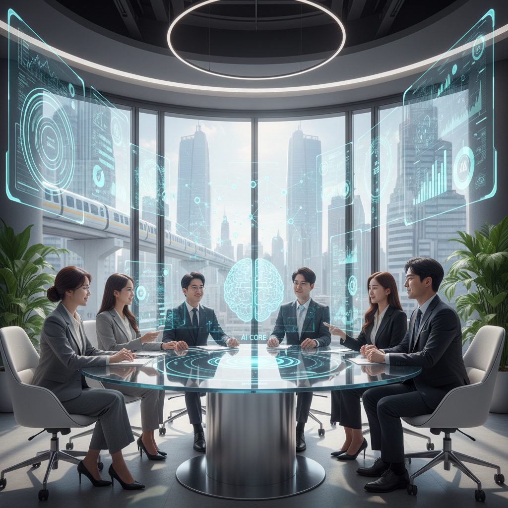 Futuristic business scene showing diverse Korean professionals in modern office discussing AI technology with holographic displays and data visualizations, bright natural lighting through large windows, optimistic atmosphere, realistic photography style, no text in image