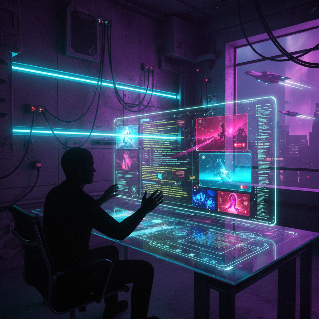 Futuristic workspace with holographic displays showing code and entertainment merged together, cyberpunk aesthetic with purple and cyan lighting, high-tech atmosphere, developer silhouette in foreground, dynamic composition, textured metallic background, no text in image