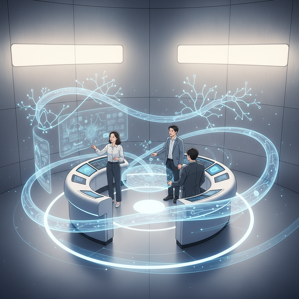 A conceptual illustration of a futuristic medical facility or a personalized health dashboard. Clean lines, holographic elements, integrated health data visualizations (no charts/graphs). Bright, inviting light, textured background. No text. Korean appearance people collaboratively monitoring health data.