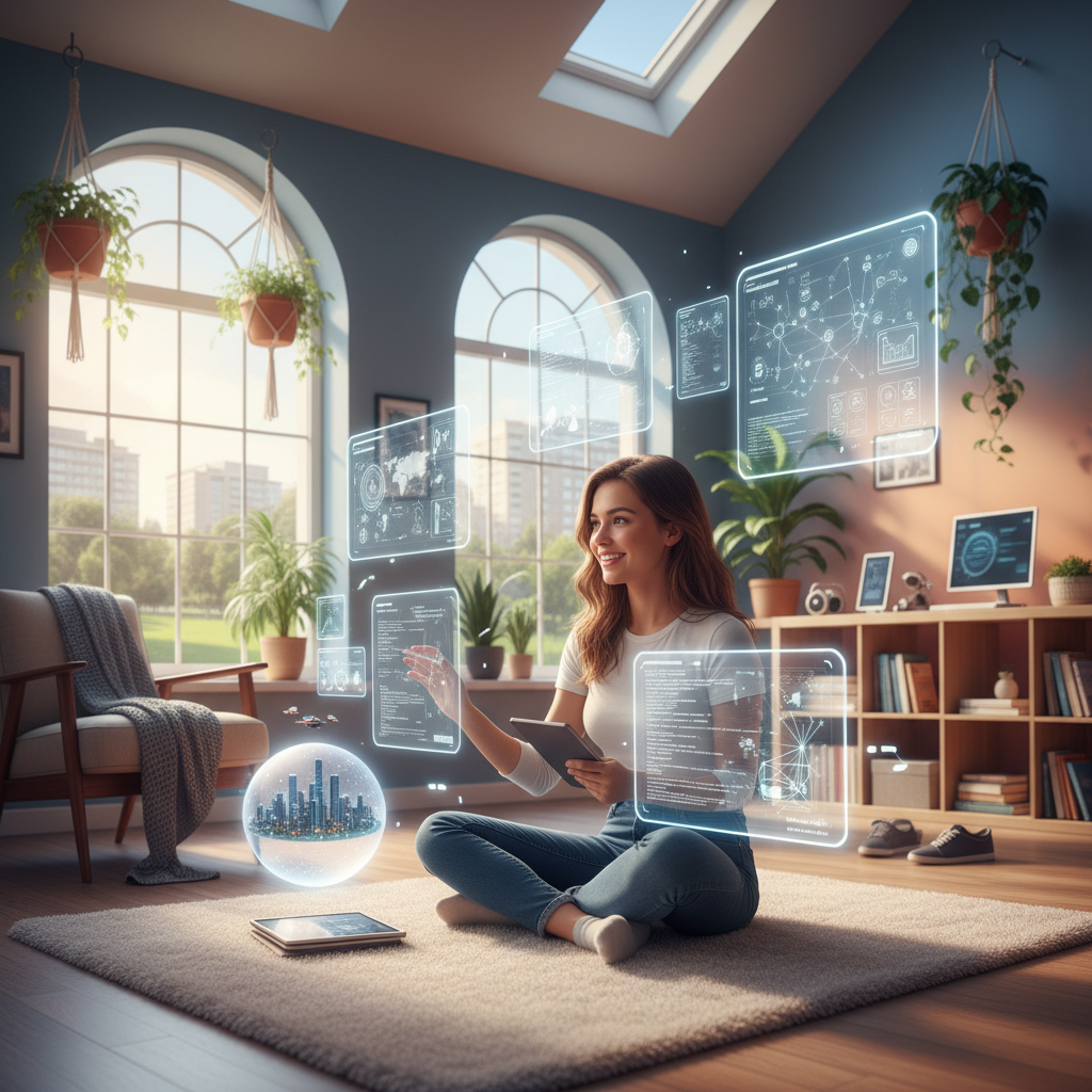 A person engaged in learning about AI and new technologies, surrounded by holographic displays and interactive learning tools in a bright, inspiring environment. The focus is on active knowledge acquisition. Style: lifestyle photography, warm lighting, natural setting. No visible text. Colored background.