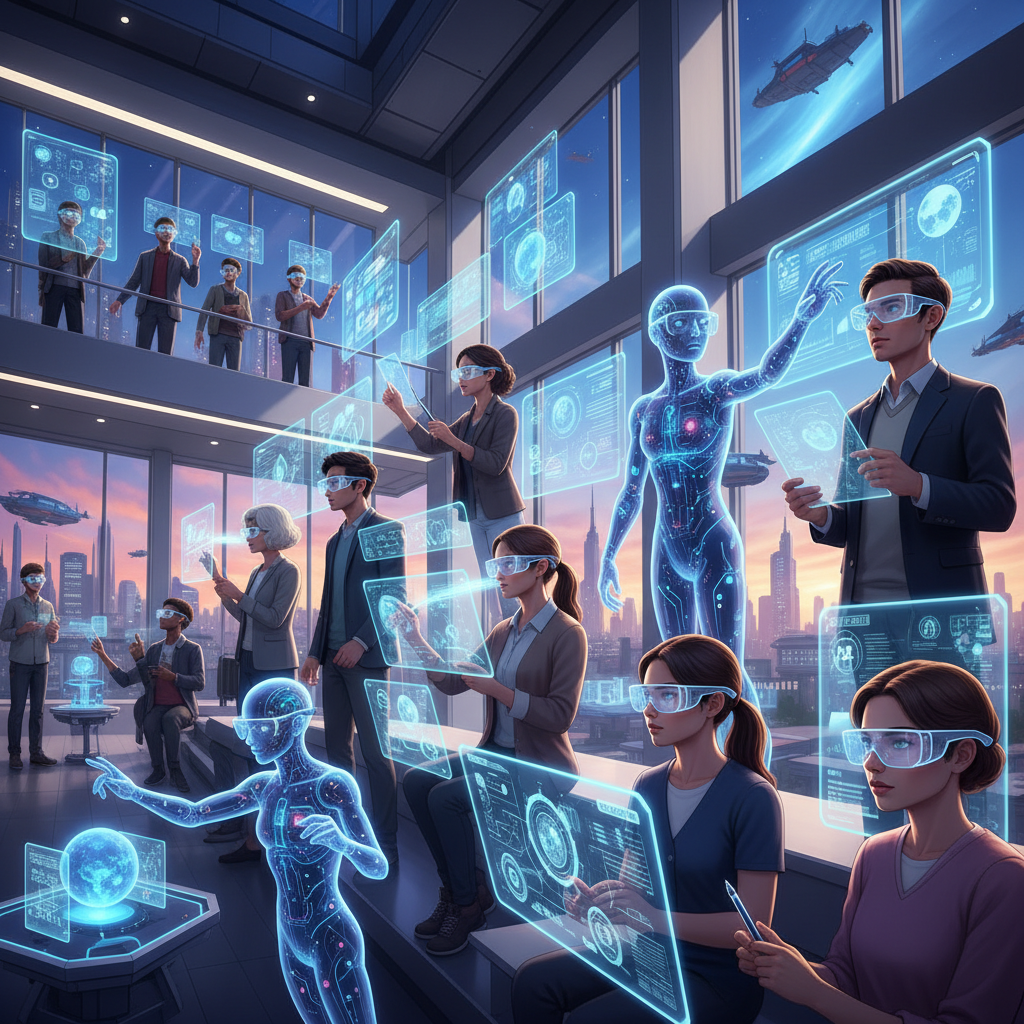 Dynamic illustration of diverse people engaging in future-oriented learning, guided by AI mentors. They are interacting with holographic interfaces and advanced learning tools in a modern, brightly lit education center. Gradient background, high contrast. No visible text.