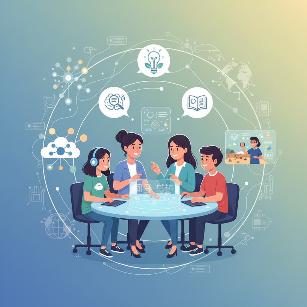 A clean infographic illustrating the concept of future education. Show a diverse group of students and a teacher engaged in collaborative learning, surrounded by symbols of creativity, critical thinking, and digital literacy. The background subtly suggests technological advancement without being overwhelming. Natural lighting, no text in image.