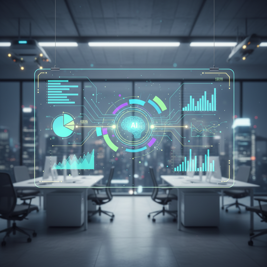 A modern, high-tech interface displaying financial data and AI insights on a transparent screen, with futuristic office background. Clean infographic, high contrast. No text.