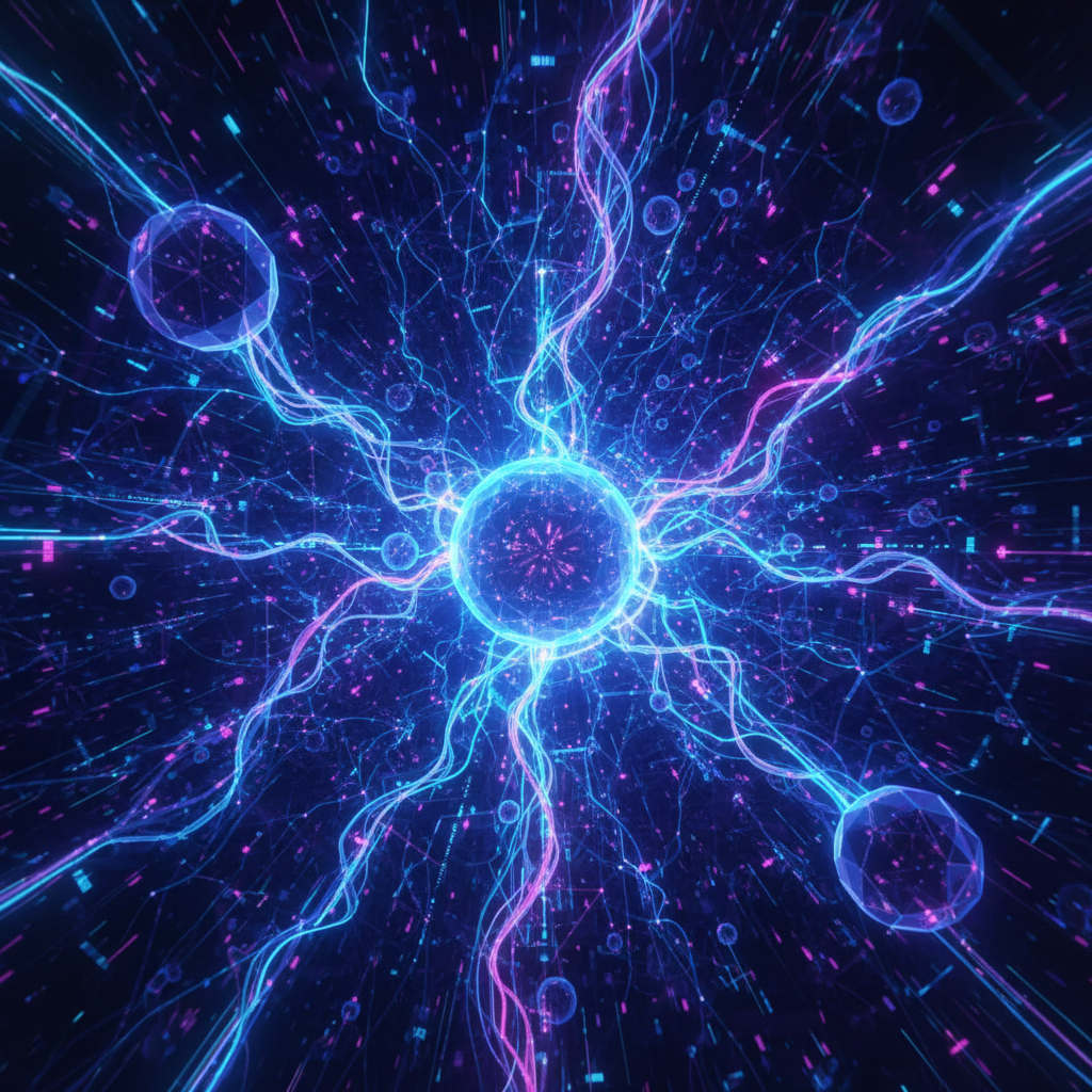 Futuristic tech concept showing interconnected nodes and data streams in a digital network, glowing blue and purple lights, abstract illustration style with depth and dimension filling entire frame, representing AI research advancement, no text, no margins