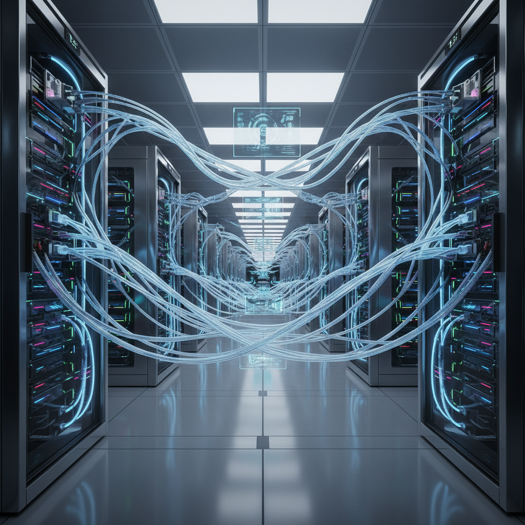 A futuristic data center interior with slender, highly efficient superconducting cables replacing bulky copper wires. Servers are glowing brightly, indicating high performance, with a sense of vast, optimized space. Emphasize innovation and advanced technology. Clean, modern layout. No text.