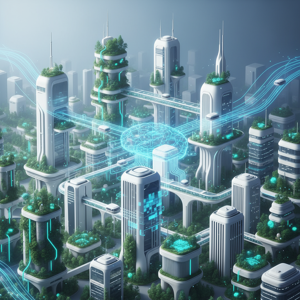 A harmonious blend of a futuristic city landscape with integrated AI technology, featuring clean architecture and lush green spaces. Style: modern infographic, subtle light gradients, no text.