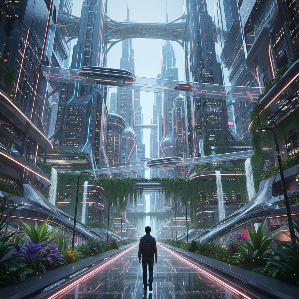 A first-person perspective of a person walking through a futuristic, vibrant 3D city generated by AI, with various architectural styles and lush greenery. The scene is brightly lit, showcasing depth and detail. Style: sci-fi, realistic rendering. No text.