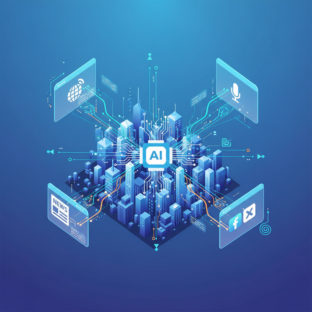 Clean infographic showing AI analyzing various news sources in a futuristic, stylized city setting. Data streams and algorithms are visually represented, highlighting the complexity of information processing. Style: clean infographic, modern layout, high contrast, gradient background. No visible text in image.