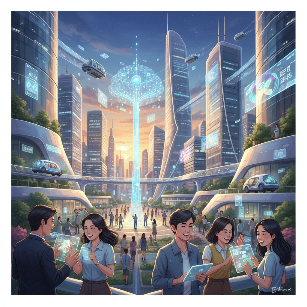 A futuristic cityscape at dusk, where advanced AI technology integrates seamlessly with human life. People are interacting with smart devices and autonomous systems in a harmonious, vibrant urban environment. Style: illustration, artistic rendering, textured background with warm, inviting colors. Bright, balanced lighting, centered focus, no empty margins. Korean appearance people, natural expressions.
