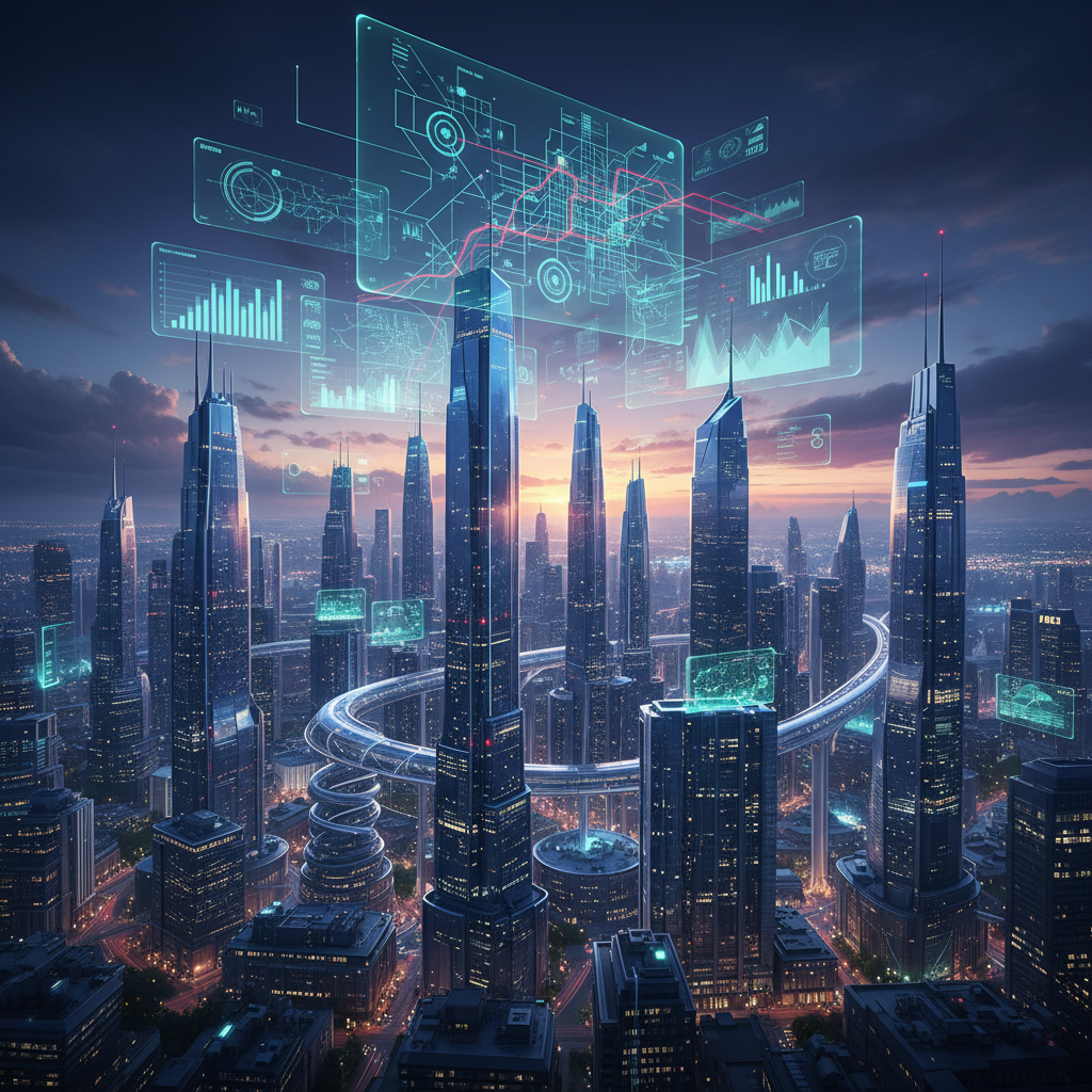 A futuristic city landscape seen from an aerial view, with translucent holographic map overlays showing real-time data, traffic, and points of interest. The style is a clean infographic with high contrast and a vibrant, dynamic background. No text.