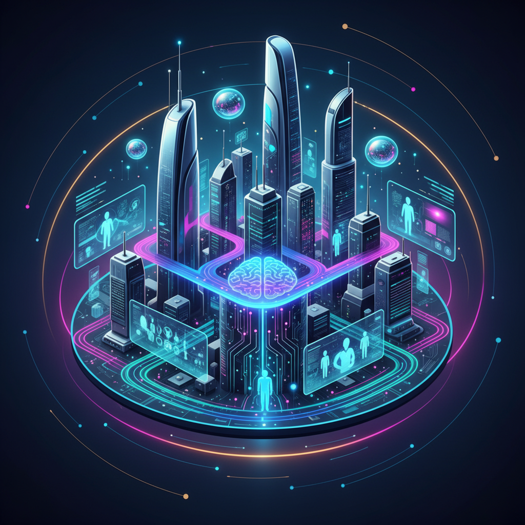 Clean infographic, modern layout, high contrast, illustrating a futuristic cityscape with glowing digital pathways and advanced AI systems seamlessly integrated into daily life. The image conveys a sense of harmonious coexistence between human activity and cutting-edge artificial intelligence, symbolizing the future of AI policy. No visible text. Gradient background, centered focus, visually rich.