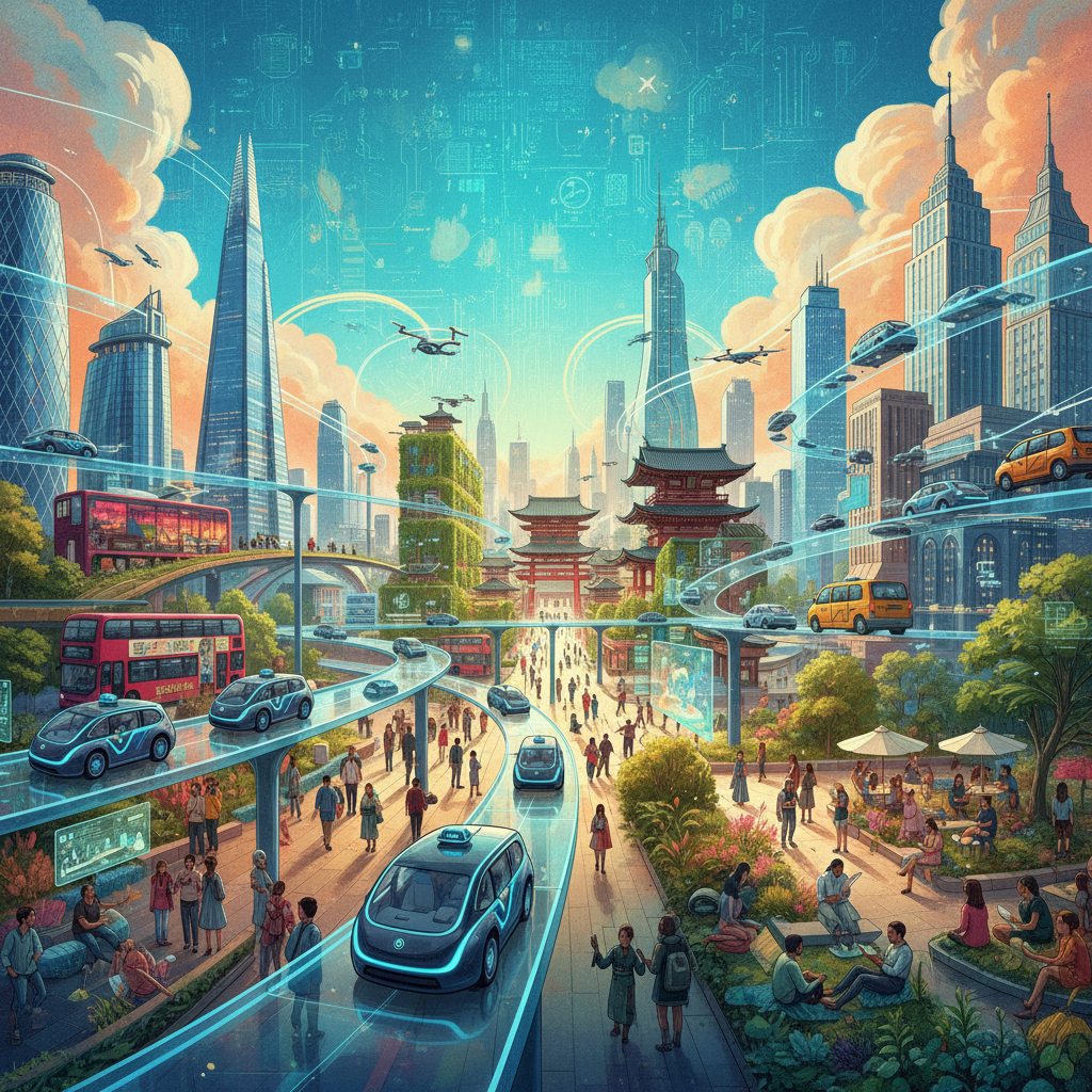 A futuristic yet grounded vision of urban mobility with Wayve robotaxis seamlessly integrated into diverse cityscapes (London, Tokyo, New York). Focus on a harmonious blend of technology and human life. Style: illustration, vibrant colors, clean lines, textured background. No visible text.