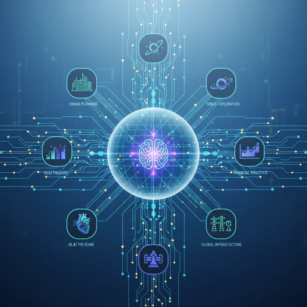A futuristic illustration depicting Palantir's widespread influence across various sectors, similar to IBM's dominance in the 1960s. Show interconnected systems, advanced data networks, and a sense of strategic control. The aesthetic should be clean, high-tech, and slightly optimistic, with a focus on seamless integration. Style: clean infographic, modern layout, high contrast. Vibrant, yet professional color scheme. No visible text.