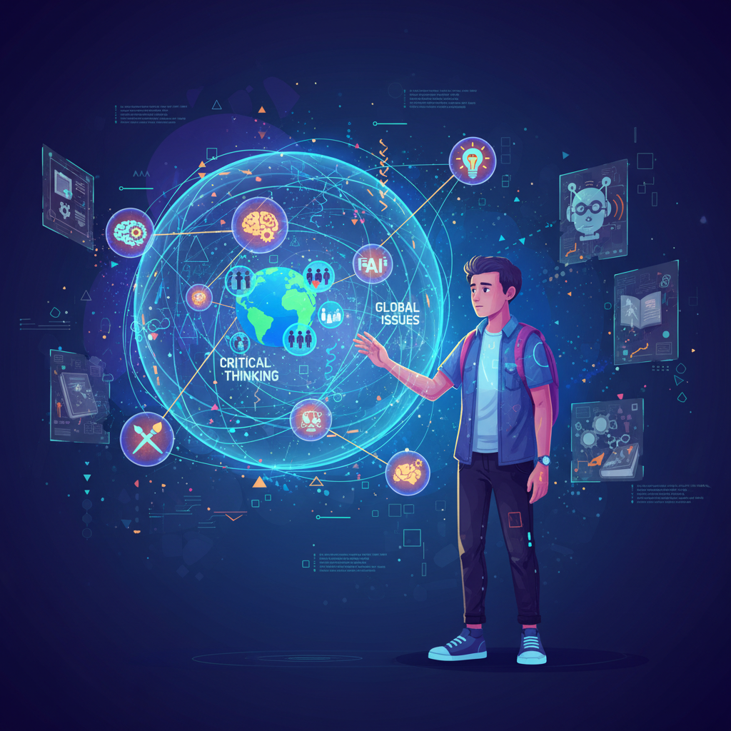 An illustrative image showing the educational challenges of a rapidly changing future. Depict a student looking at a complex, interconnected web of concepts including AI, critical thinking, global issues, and creativity. The style is conceptual and thought-provoking, with a slightly futuristic feel. No text.