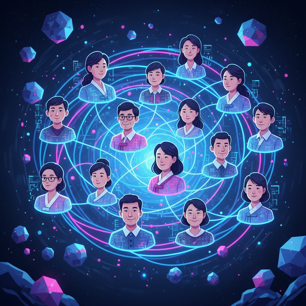 Futuristic vision of decentralized social networking with glowing connection lines between diverse users, hopeful and innovative atmosphere, digital art style, blue and purple neon lighting, Korean users represented, collaborative online community concept, no text in image