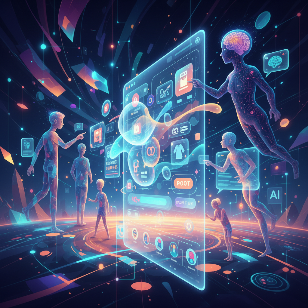 A stylized illustration depicting a seamless integration of social interaction, AI assistance, and commerce on a futuristic digital marketplace interface. People are shown collaborating and making purchases. Bright, dynamic lighting, abstract background. No text.