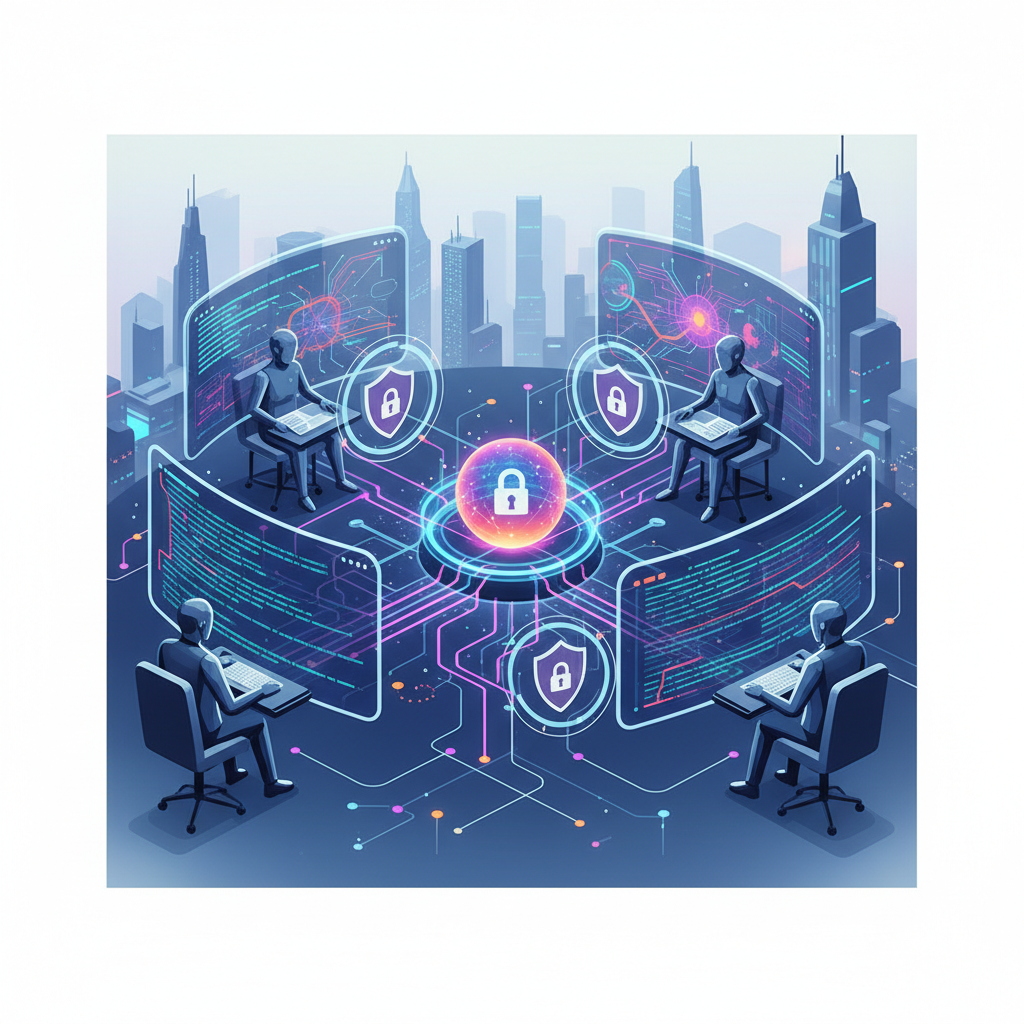 A clean infographic, modern layout, high contrast. A stylized representation of future app development, with developers working on screens displaying secure code and AI interfaces. Emphasize data flow and privacy symbols. The background is a futuristic cityscape with soft light, no visible text, centered focus, no empty margins.