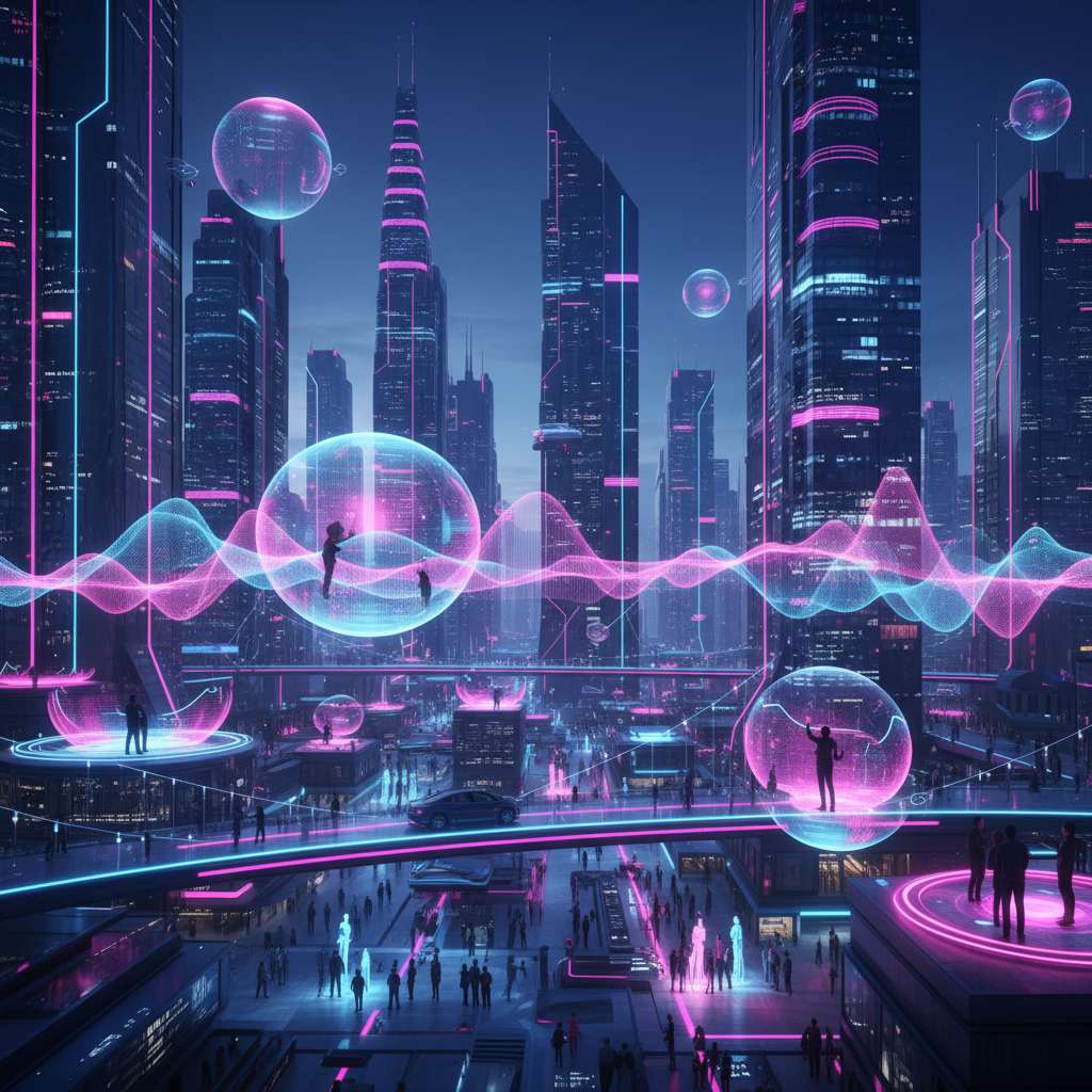 A futuristic cityscape at twilight with holographic sound waves flowing through the air, vibrant neon lights in pink and blue creating a dreamy atmosphere. People silhouettes interacting with floating audio interfaces. Modern technology meets human connection. No text in image.
