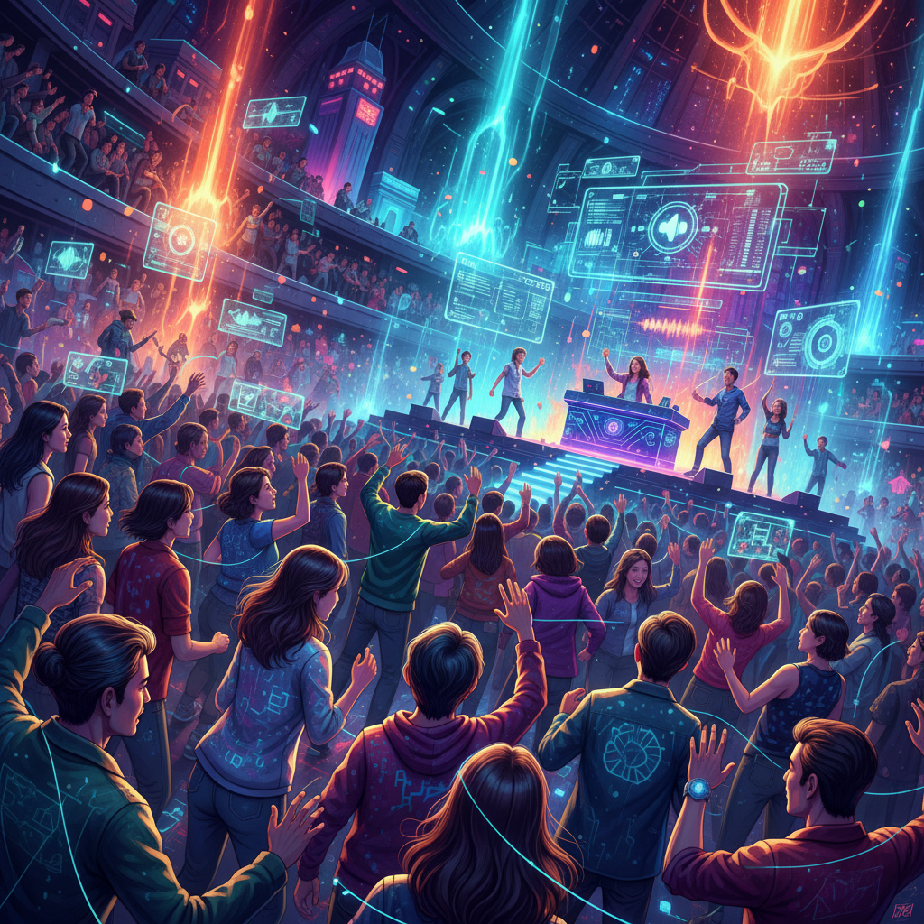 A vibrant, futuristic illustration of a diverse audience enjoying music, with subtle AI elements integrated into the concert or listening experience. Korean people, dynamic composition, colored background. No visible text.