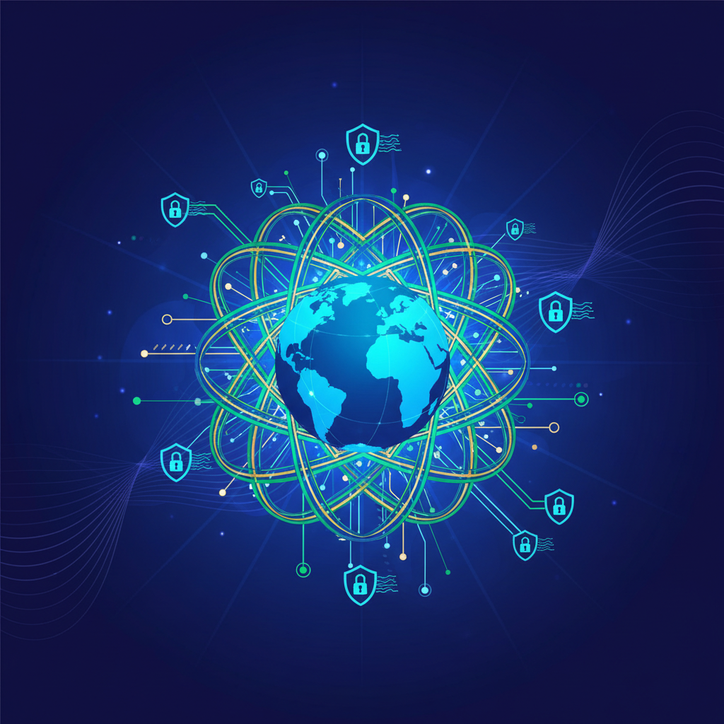 An illustrative image of a resilient and interconnected global internet network, featuring robust and redundant data pathways. Emphasize concepts of stability, security, and continuity in the digital age. Style: clean infographic, modern layout, high contrast. No visible text, colored background, centered focus.