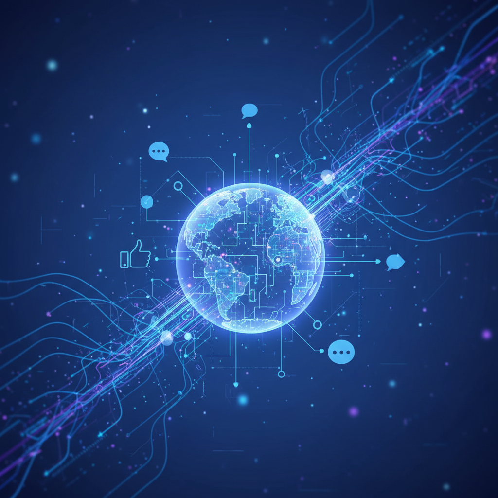 Futuristic concept of digital politics and social media influence, abstract visualization with network connections and communication symbols, modern blue and purple color scheme, clean digital art style, no text in image