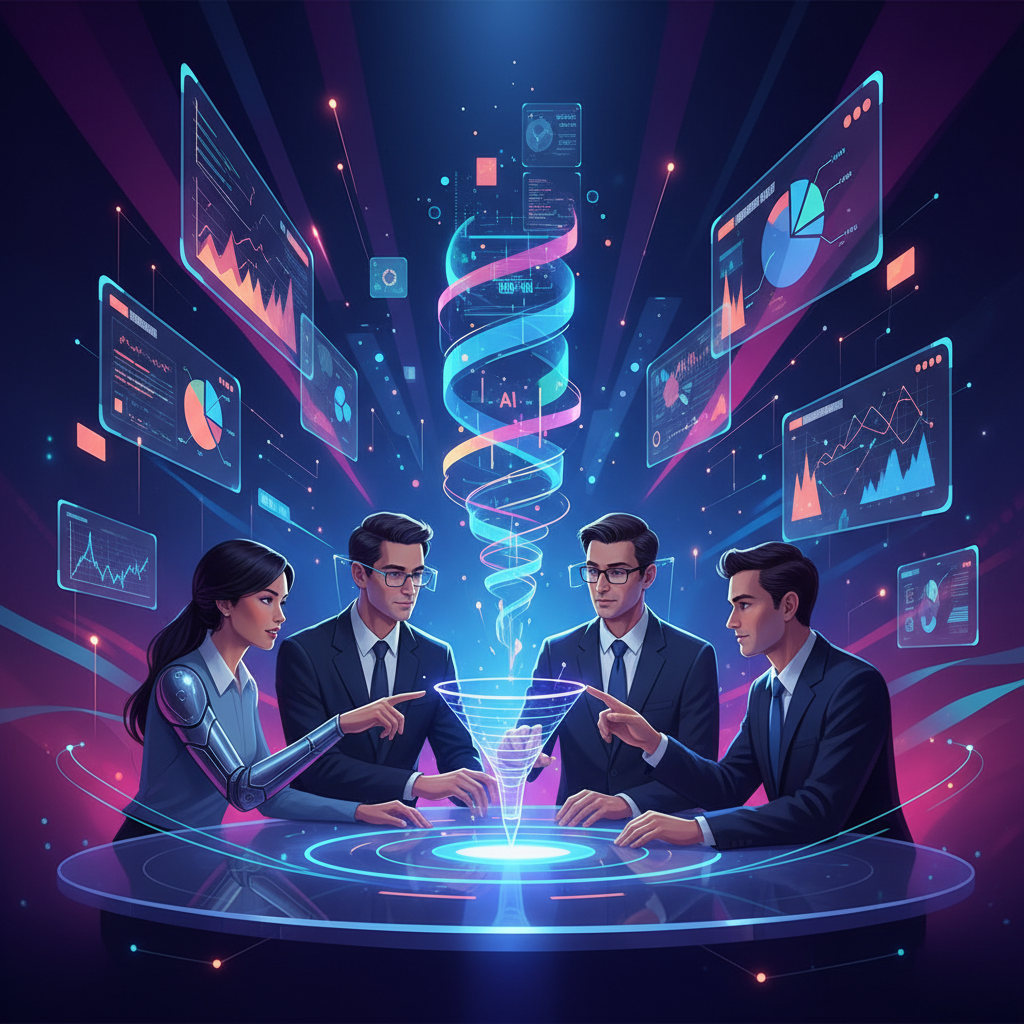 Dynamic and futuristic illustration of business leaders collaborating, surrounded by AI interfaces and data visualizations, representing advanced go-to-market strategies. Emphasize innovation and strategic thinking. Artistic rendering, gradient background, centered focus. No visible text.
