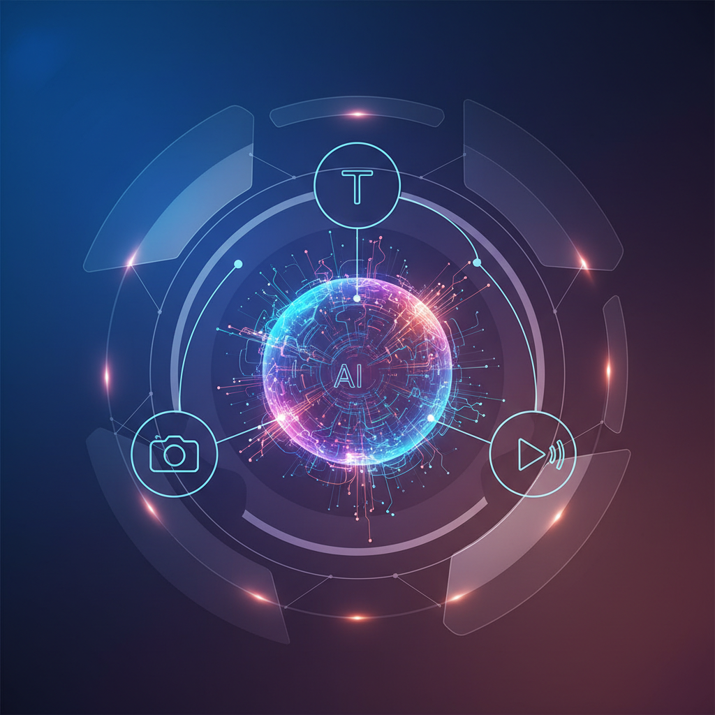 clean infographic, modern layout, high contrast, featuring an abstract representation of an advanced AI model with glowing neural networks, multimodal input icons (text, image, video), and a sleek, futuristic interface. Colored gradient background, bright, balanced lighting. No text, no charts, no numbers.