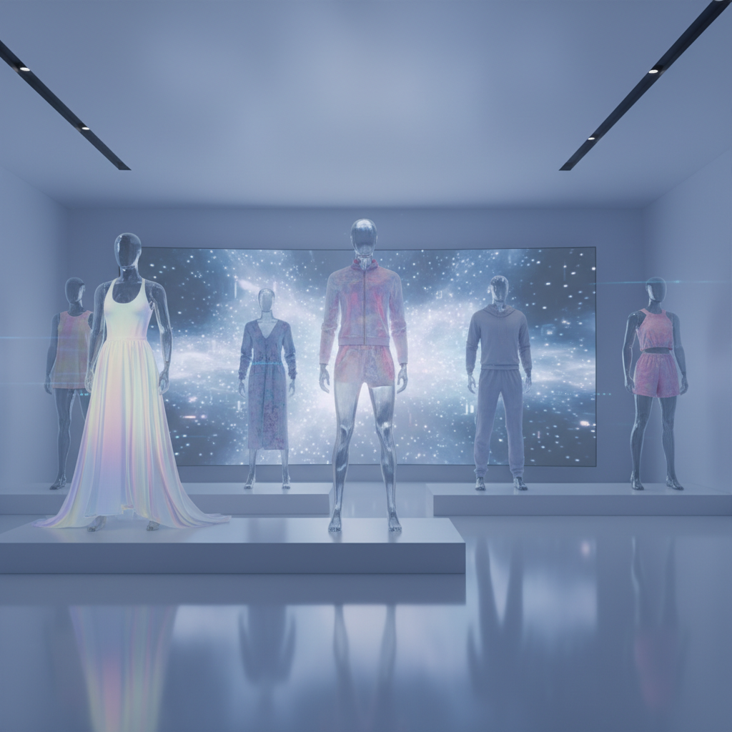 A sleek, modern retail environment where AI-powered displays show virtual clothing items on mannequins. The background has a soft, high-tech glow, suggesting advanced technology. No text.