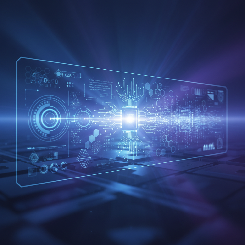 futuristic AI system processing complex data, clean infographic, modern layout, high contrast, blue and purple gradient background, no text