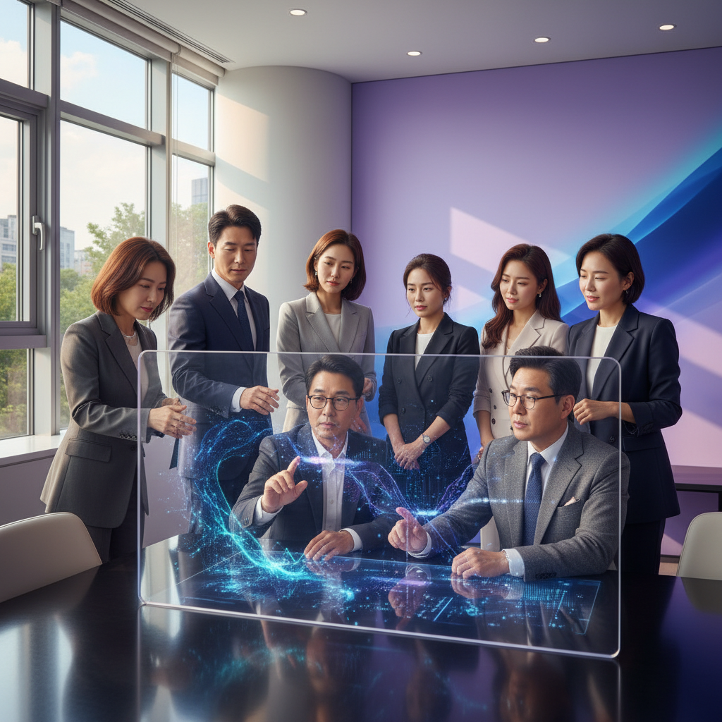 A group of diverse Korean business executives from Klarna, in a bright, modern meeting room, discussing future AI strategies. They are looking at a sleek, interactive display showing abstract data patterns, with expressions of focus and innovation. Style: lifestyle photography, warm lighting, natural setting. No visible text. Gradient purple and blue background.