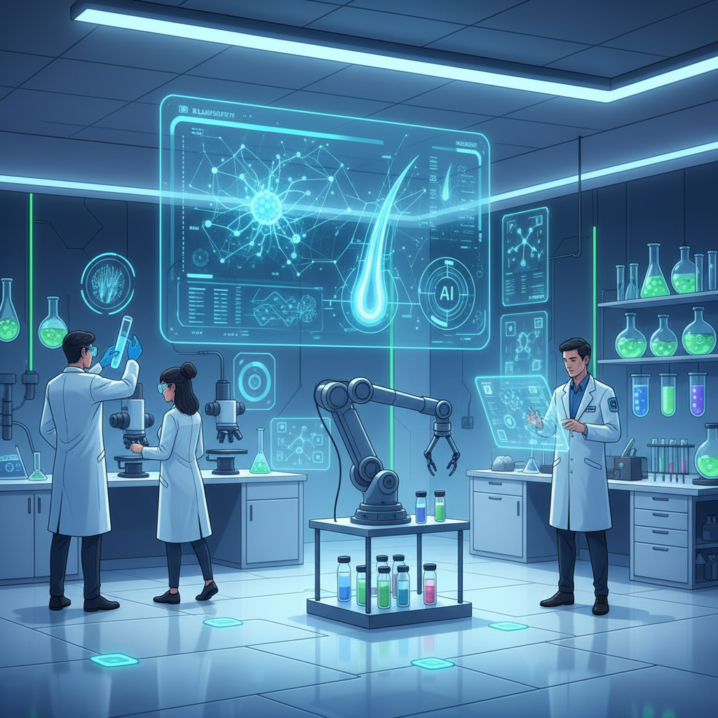 A futuristic research lab setting focused on hair care technology. Advanced AI diagnostic tools are visible on screens, with scientists in lab coats examining hair samples under microscopes. The overall atmosphere is clean, innovative, and focused on scientific discovery. Style: clean infographic, modern layout, high contrast. No text.
