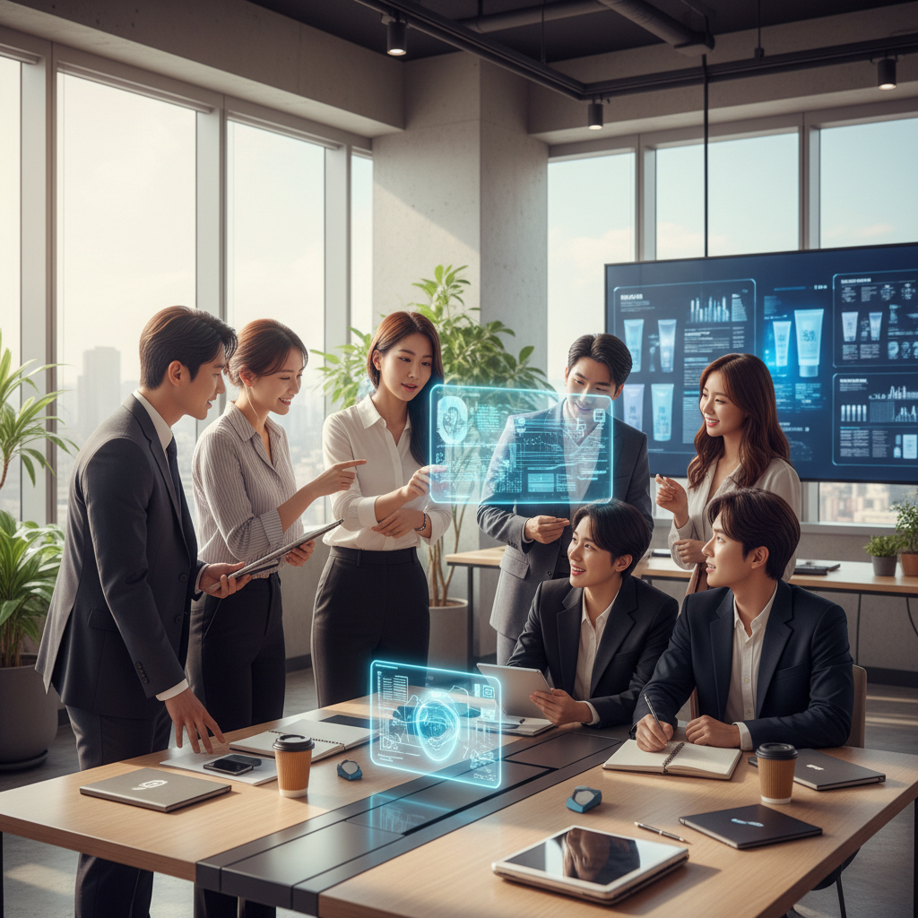 Lifestyle photography of a diverse group of Korean appearance professionals collaborating in a modern, brightly lit office. One person is interacting with a subtle holographic AI interface. Emphasize teamwork and innovation. Natural setting with warm lighting. No visible text.
