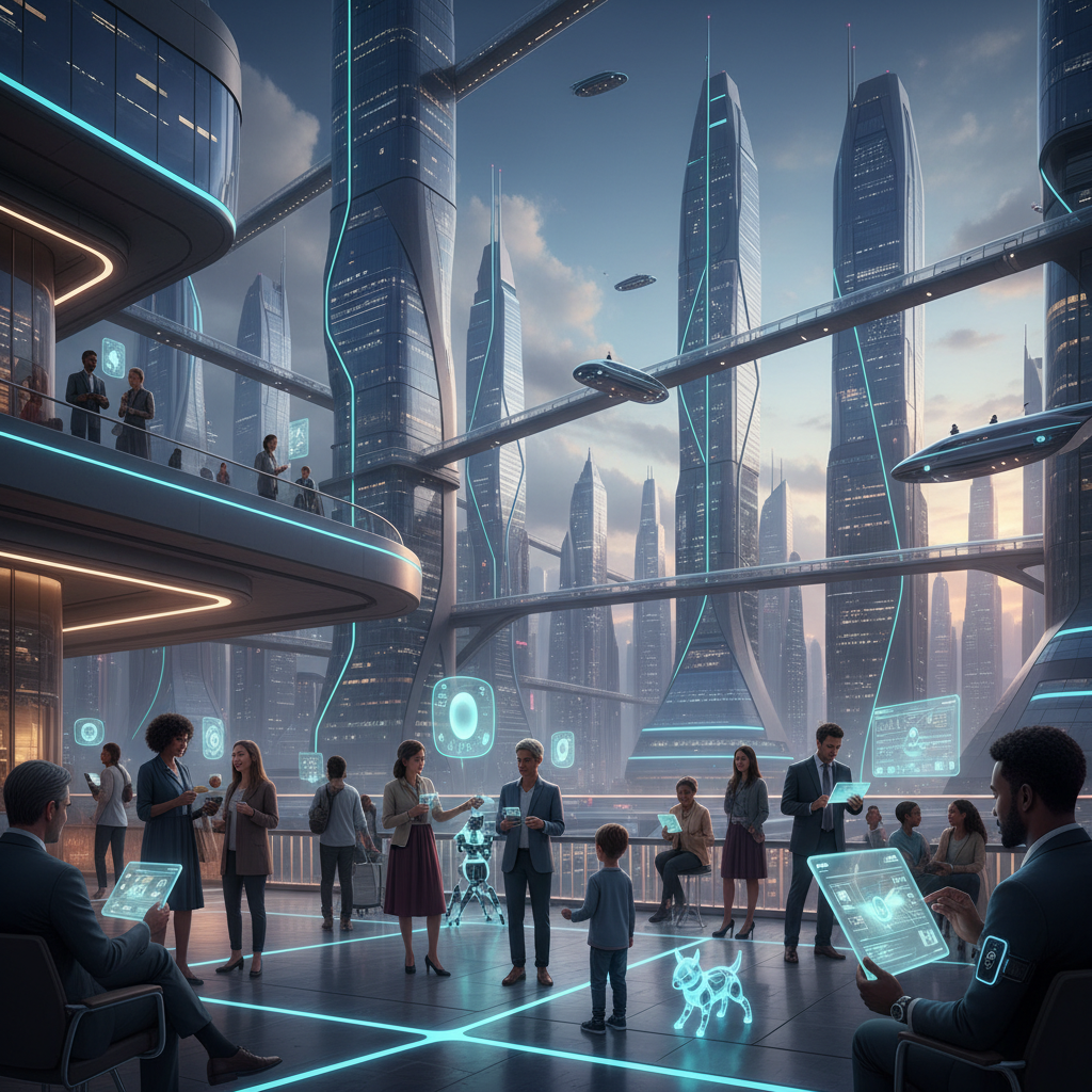 A vibrant, futuristic city skyline with diverse individuals interacting with AI speakers and tablets. The scene emphasizes seamless integration of AI voice technology into daily life, with soft, ambient lighting. No text.