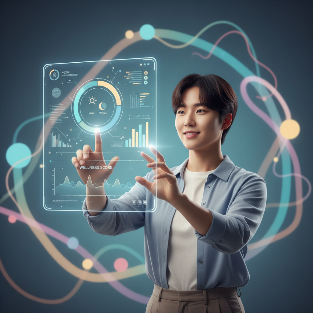 A young Korean person interacting with a futuristic, clean digital interface that visualizes healthy screen time management and digital well-being. The background features soft, glowing lines and a gradient color scheme, creating an innovative and positive atmosphere. Style: clean infographic, modern layout, high contrast. Bright, balanced lighting, centered focus, no text.
