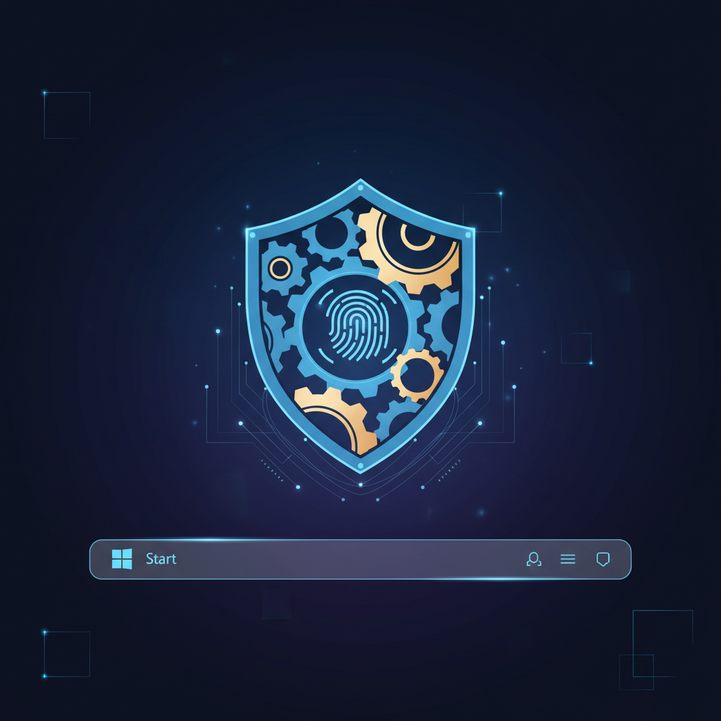 A stylized representation of a Windows 11 interface with a glowing shield icon and interlocking gears, symbolizing advanced security features like BitLocker and Sysmon integration. A subtle biometric scanner icon is also present. The background is a dark, tech-inspired gradient. Style: clean infographic, modern layout, high contrast. No visible text. No empty margins, bright, balanced lighting.