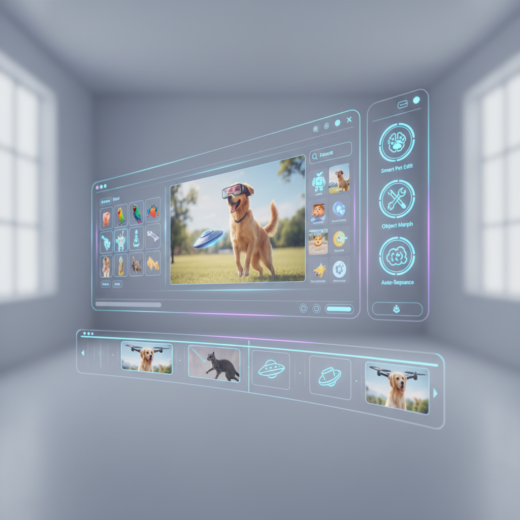 A futuristic, clean user interface of a video editing software on a holographic screen. Elements like timeline, video clips, and AI-powered tools are visible, suggesting advanced features for creating and editing videos with pets and objects. Style: sleek, modern, digital illustration. No text in image.