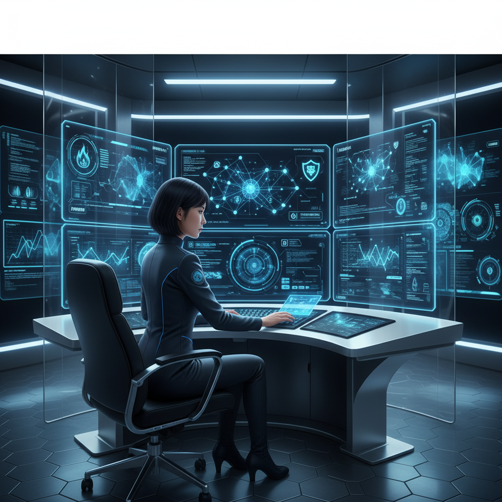 clean infographic, modern layout, high contrast. A skilled cyber security analyst, Korean appearance, monitoring a futuristic AI defense system on multiple screens with complex data visualizations. The environment is sleek, high-tech, and secure, focusing on proactive defense strategies. Bright, balanced lighting, blue and green digital hues. No text in image.