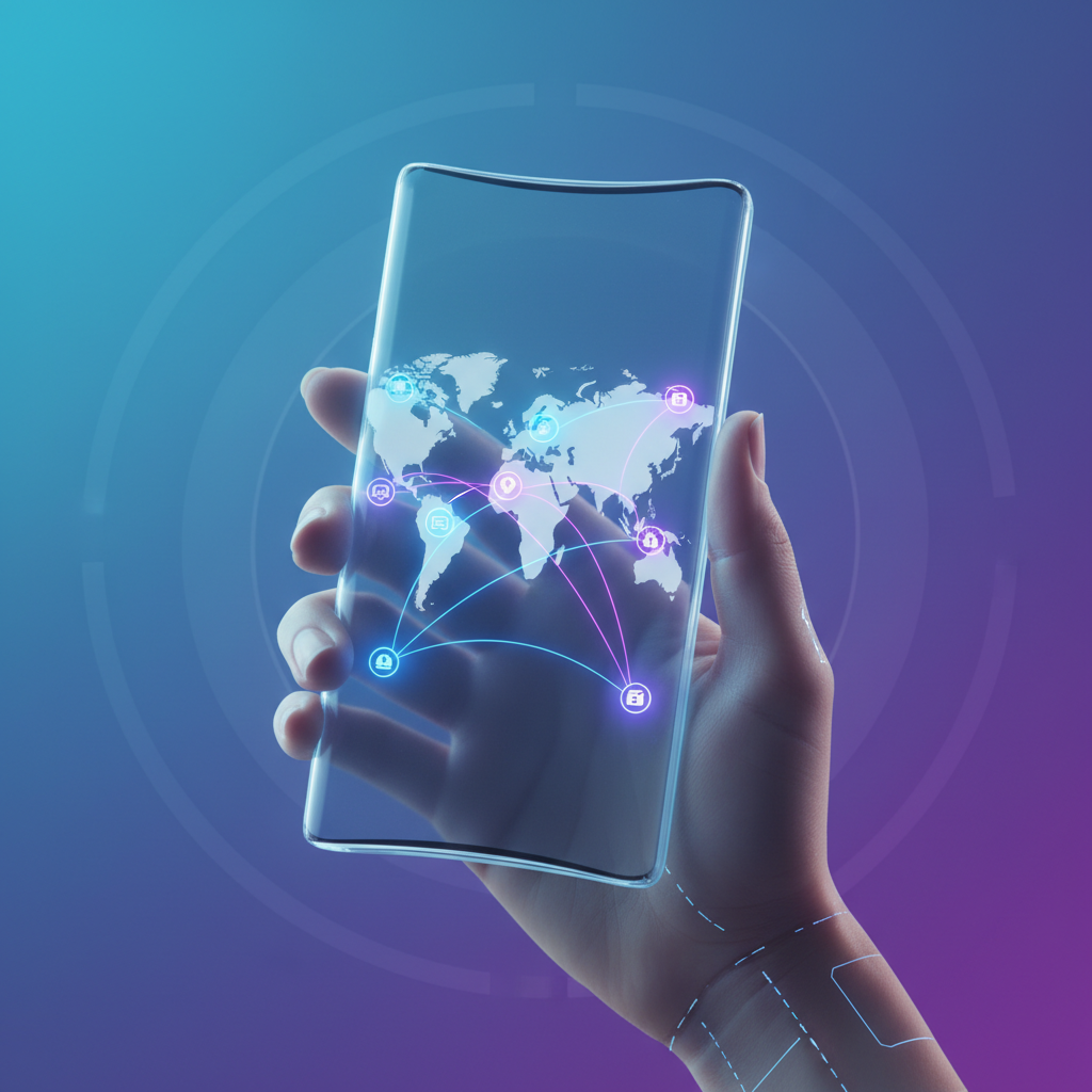 A hand holding a futuristic smartphone displaying an innovative travel app interface with glowing lines and interconnected travel destinations on a map. The background is a soft, gradient blue and purple. Style: clean infographic, modern layout. No text.