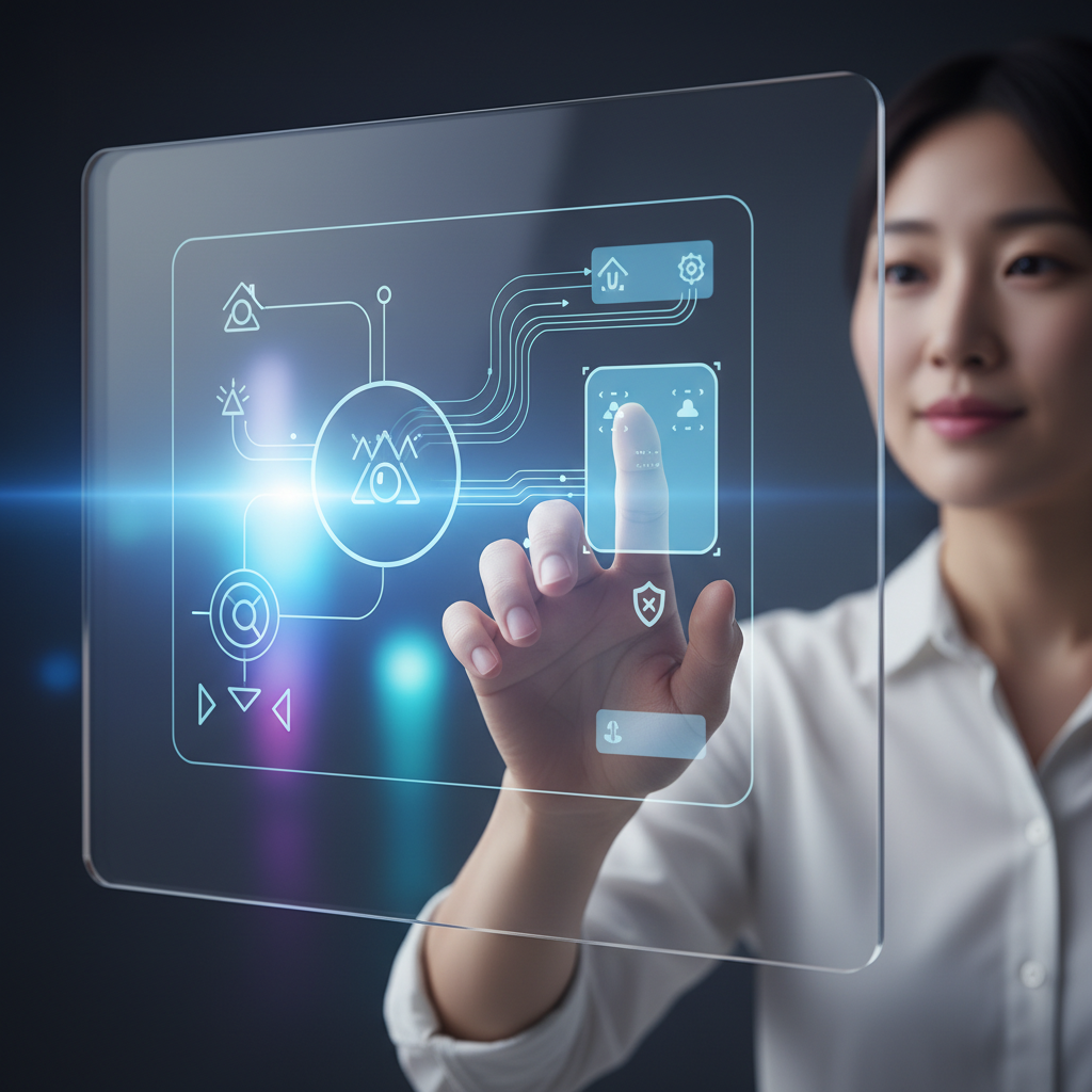 A futuristic, sleek voice-controlled smart home interface projected onto a transparent screen, with a hand gesturing naturally as if interacting with it. The background is a soft, glowing light, indicating advanced technology. Style: clean infographic, modern layout, high contrast. No text. Korean appearance hand with natural expression.