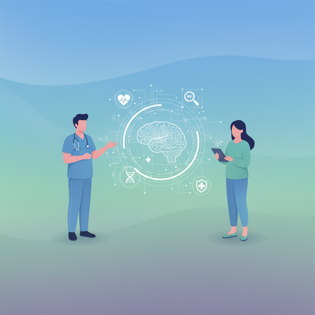 A clean infographic showing an AI interface processing health data with medical symbols. Soft gradient background, modern, high contrast. No text. Korean appearance doctor and patient figures in the background, interacting naturally.