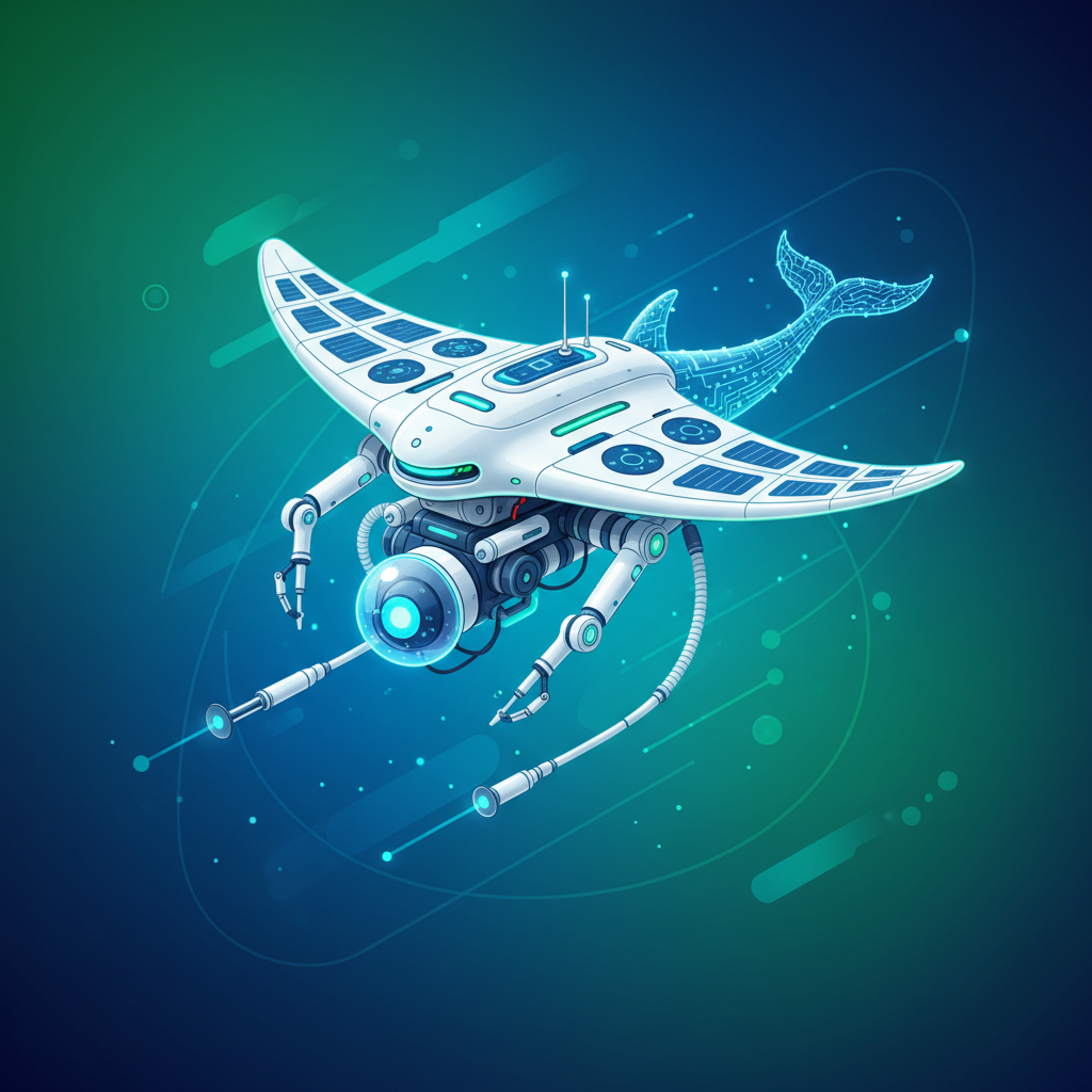 A futuristic drone design integrated with marine research tools, symbolizing advancements in marine mammal research. Style: clean infographic, modern layout, high contrast. No visible text in image. Colored background.